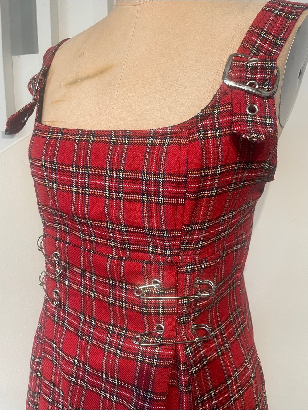 Genuine vintage Lip Service punk red plaid tartan safety pin mini dress L - Picture 2 of 5